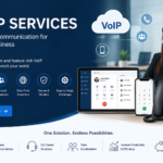 Promotional hero for VoIP services showing a support agent with headset, cloud icon, and devices illustrating cloud-based phone solutions.