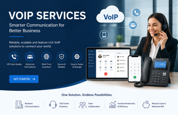 Promotional hero for VoIP services showing a support agent with headset, cloud icon, and devices illustrating cloud-based phone solutions.