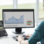 Business user reviewing customer data and security metrics on a desktop monitor in an office