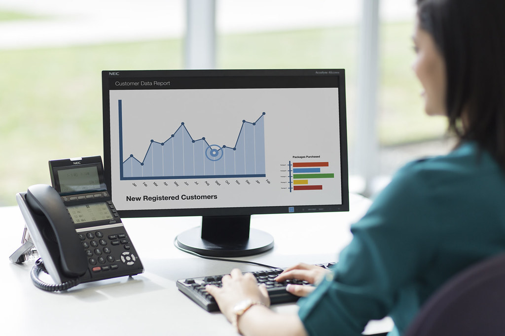 Business user reviewing customer data and security metrics on a desktop monitor in an office
